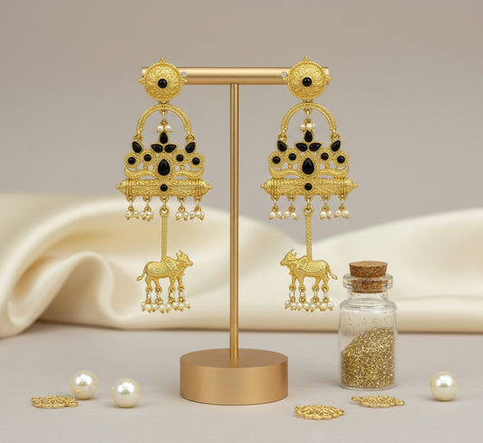 Golden Kashmiri Earrings with Cow Motif Black