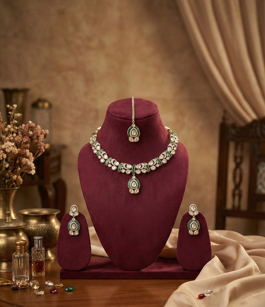 Emerald Ishira Moissanite Polki Necklace Set