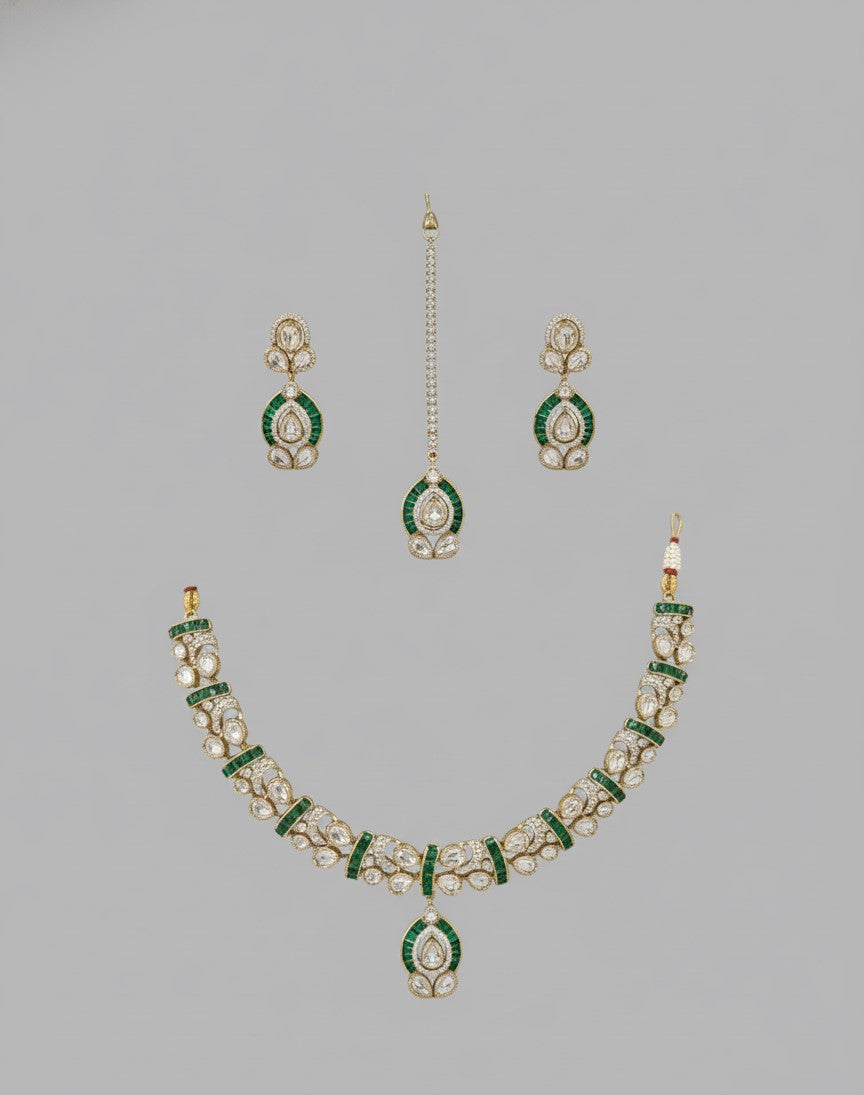 Emerald Ishira Moissanite Polki Necklace Set