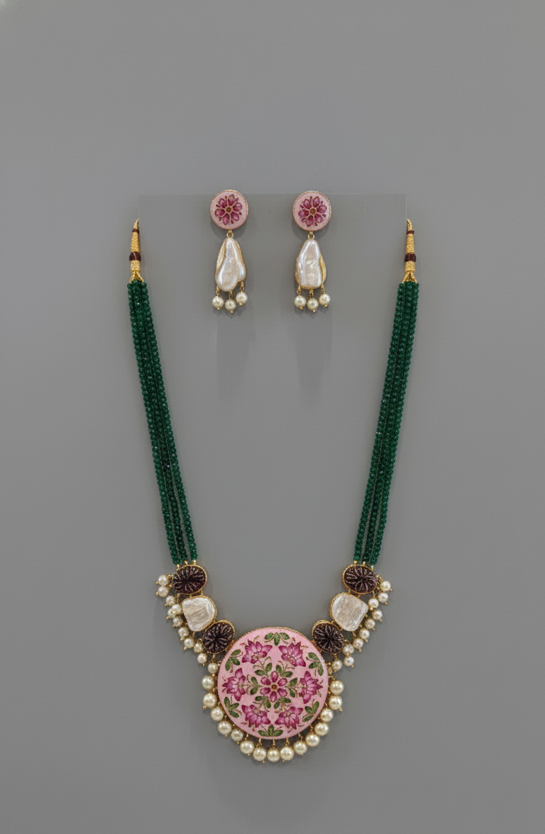 Pink Green Meenakshi Rajwadi Necklace Set