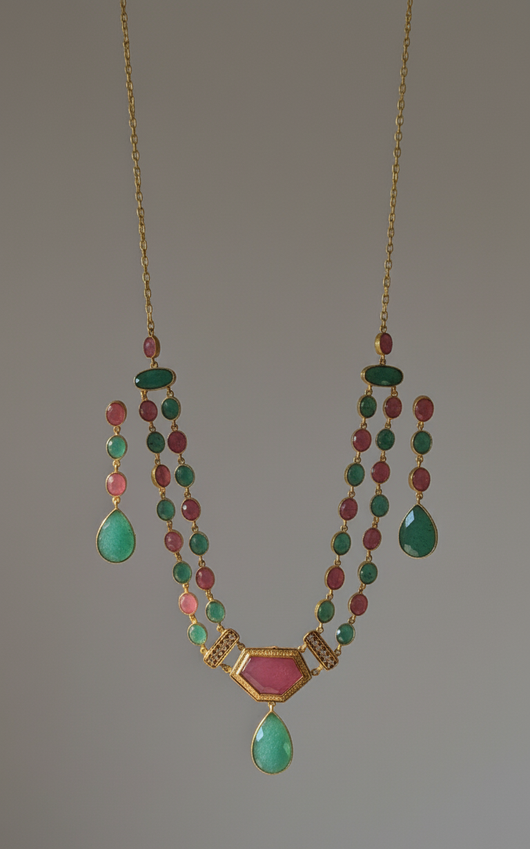 Pink Green Naira Kundan Heritage Necklace Set