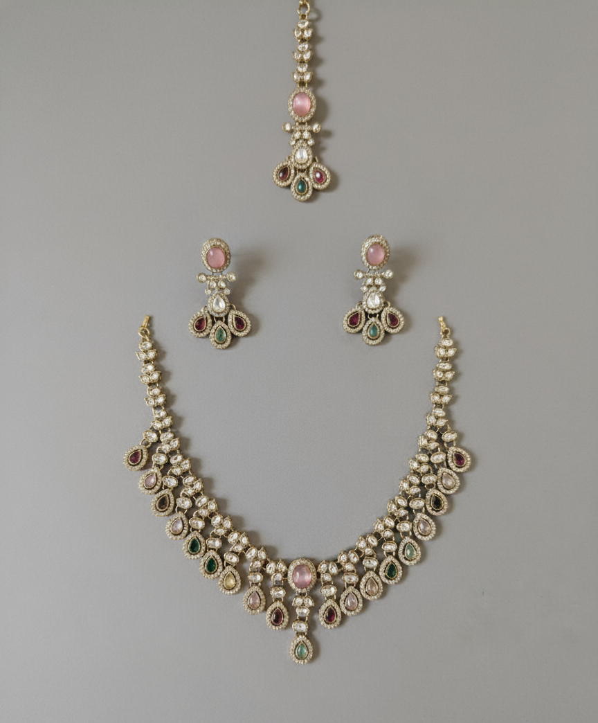 Multicolor Meena American Diamond Polki Set
