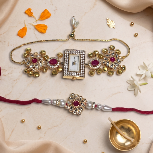 Pink Navya Bhai Bhabhi Watch Rakhi Combo