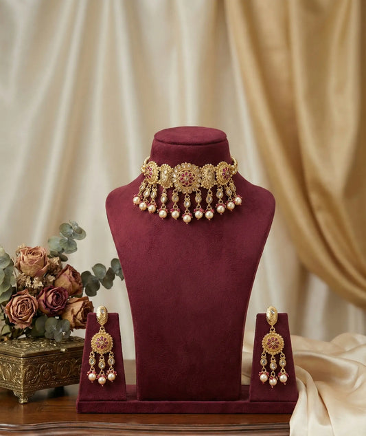 Golden Pink Tanvi Rajwadi Choker Set