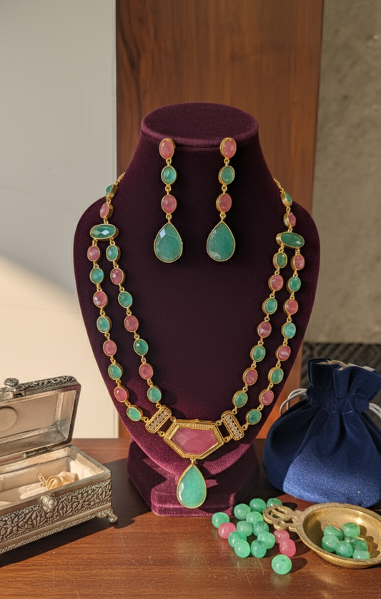 Pink Green Naira Kundan Heritage Necklace Set