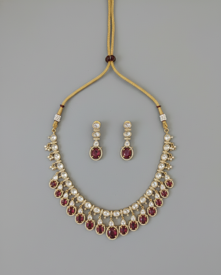 Rani Pink Misha Moissanite Polki Necklace Set