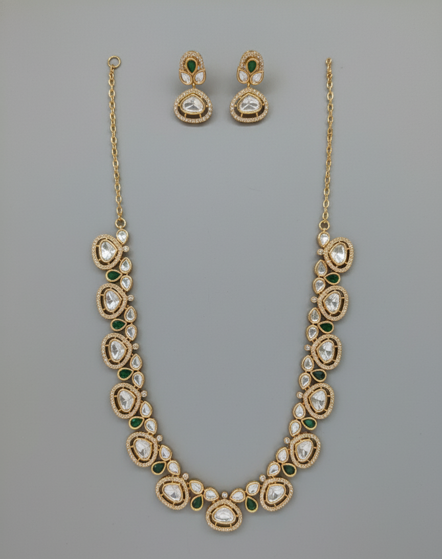 Emerald Mahira Moissanite Polki Necklace Set