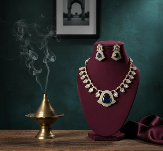 Blue Arha Polki Victorian Necklace Set