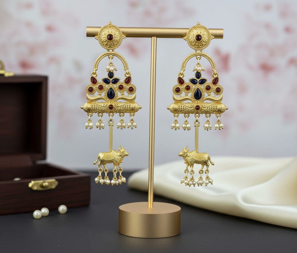Golden Kashmiri Earrings with Cow Motif Multicolor