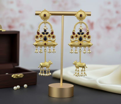 Golden Kashmiri Earrings with Cow Motif Multicolor