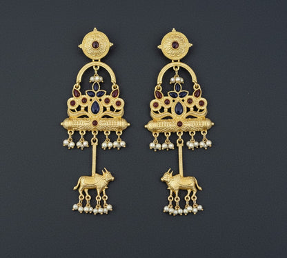 Golden Kashmiri Earrings with Cow Motif Multicolor