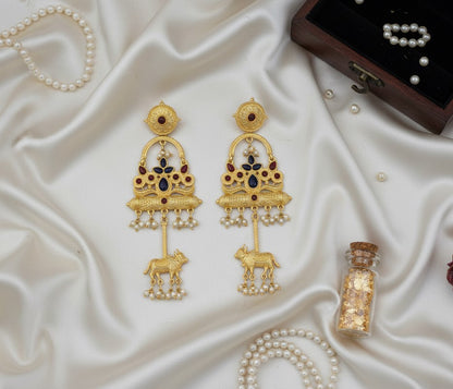 Golden Kashmiri Earrings with Cow Motif Multicolor