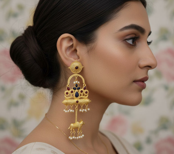 Golden Kashmiri Earrings with Cow Motif Multicolor