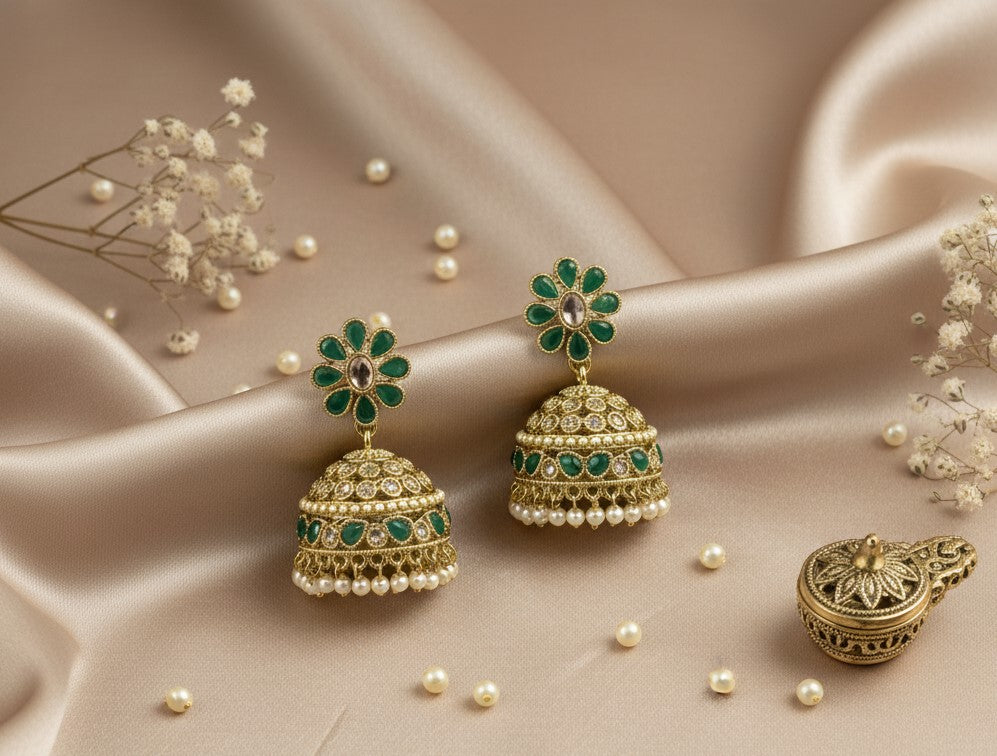 Green Anvika American Diamond Jhumkas
