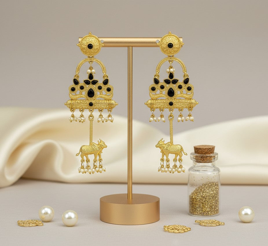Golden Kashmiri Earrings with Cow Motif Black