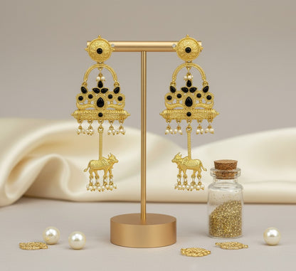 Golden Kashmiri Earrings with Cow Motif Black