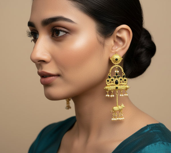 Golden Kashmiri Earrings with Cow Motif Black