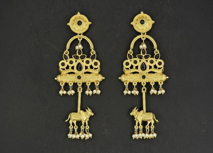 Golden Kashmiri Earrings with Cow Motif Black