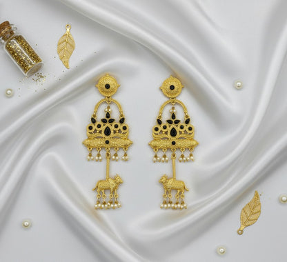 Golden Kashmiri Earrings with Cow Motif Black