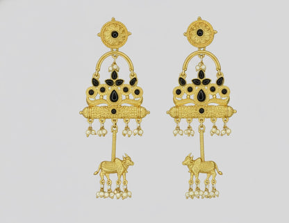 Golden Kashmiri Earrings with Cow Motif Black