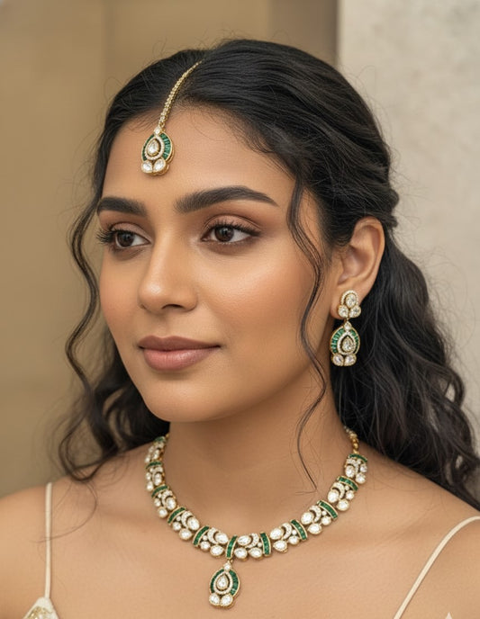 Emerald Ishira Moissanite Polki Necklace Set