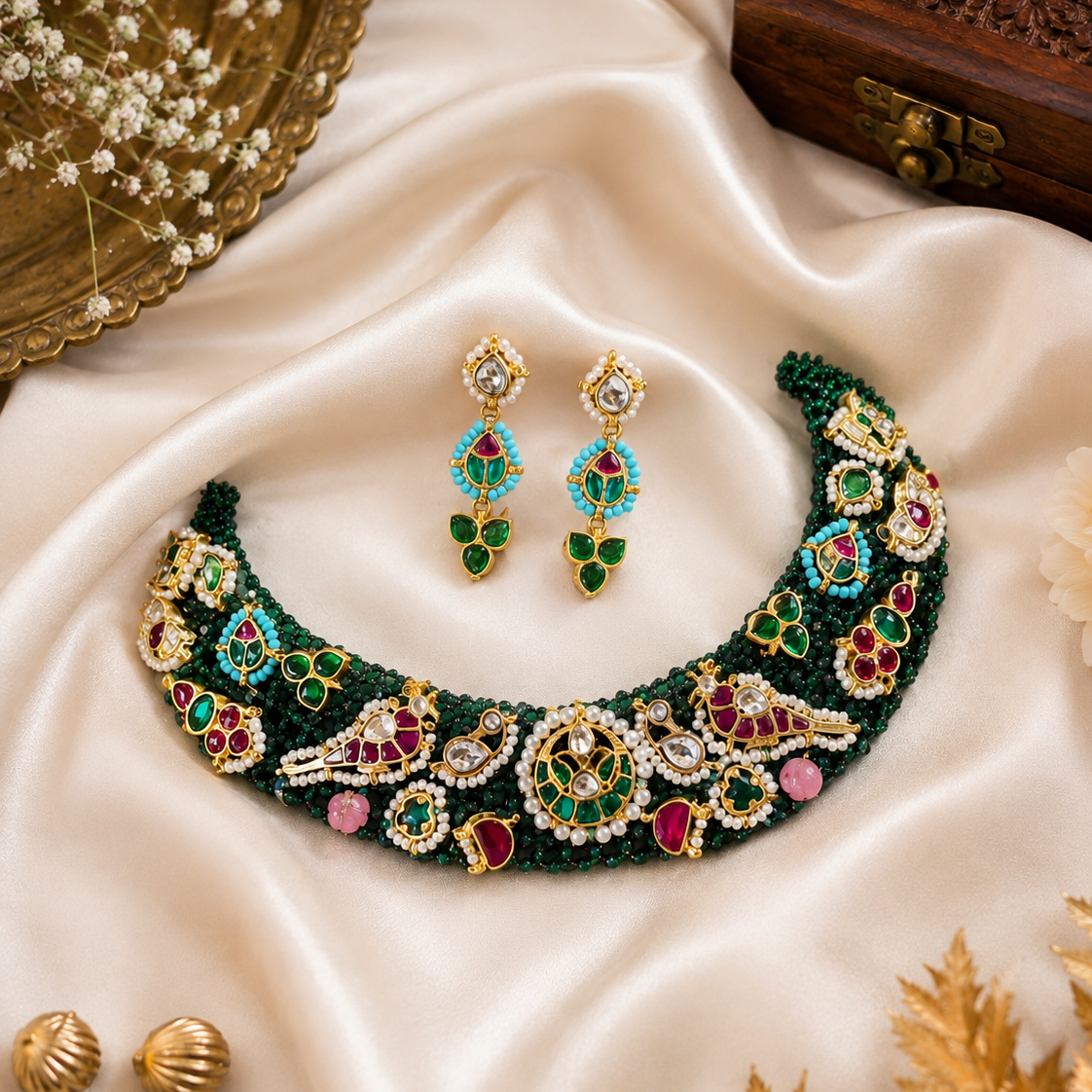 Emerald Kumudini Pachi Kundan Set