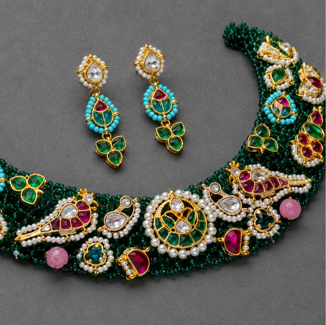 Emerald Kumudini Pachi Kundan Set