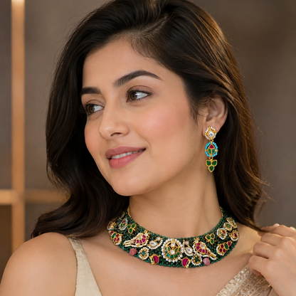 Emerald Kumudini Pachi Kundan Set