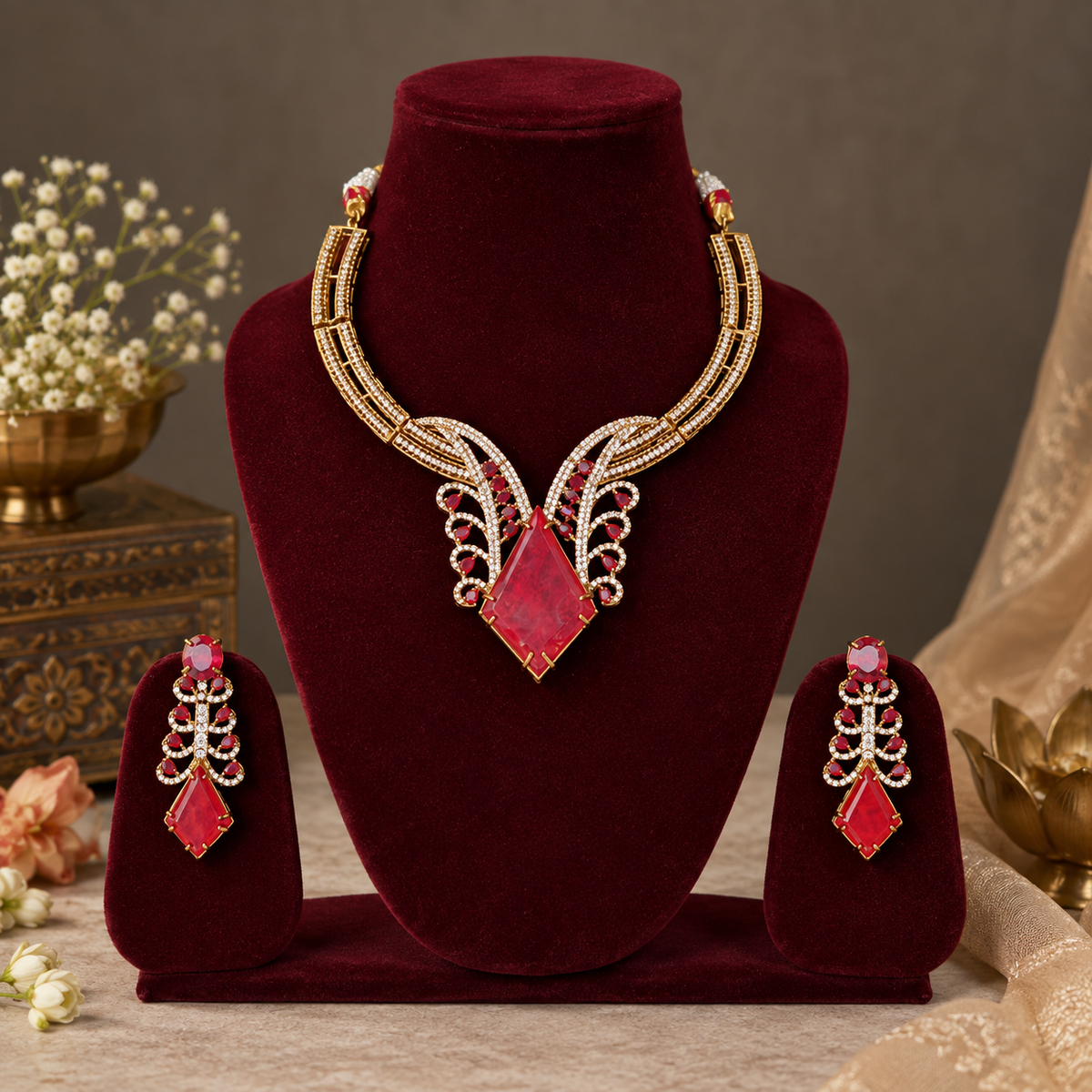 Red Ayra American Diamond Set