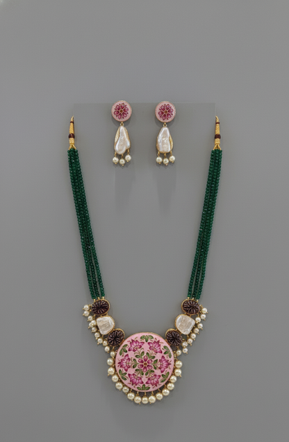 Pink Green Meenakshi Rajwadi Necklace Set