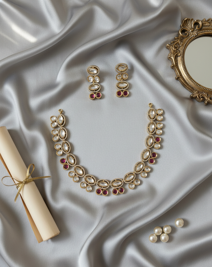 Pink Nyra Moissanite Polki Necklace Set