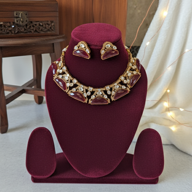 Maroon Kashvi Moissanite Polki Victorian Necklace Set