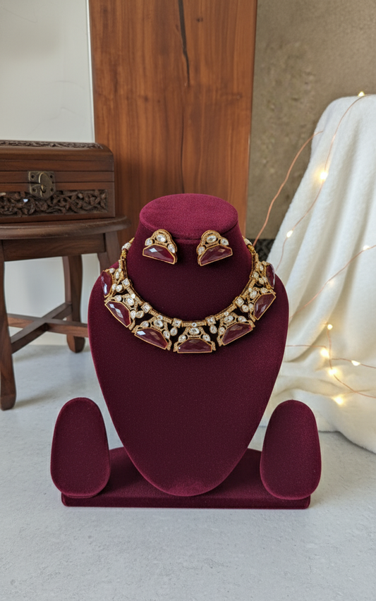 Maroon Kashvi Moissanite Polki Victorian Necklace Set