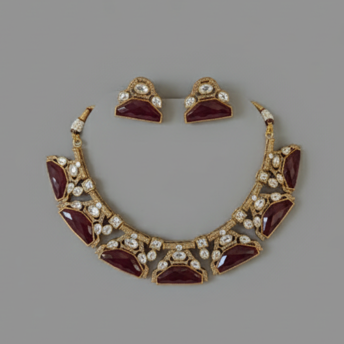 Maroon Kashvi Moissanite Polki Victorian Necklace Set