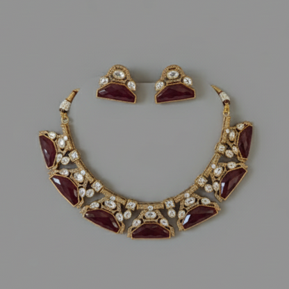 Maroon Kashvi Moissanite Polki Victorian Necklace Set