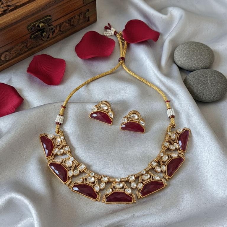 Maroon Kashvi Moissanite Polki Victorian Necklace Set