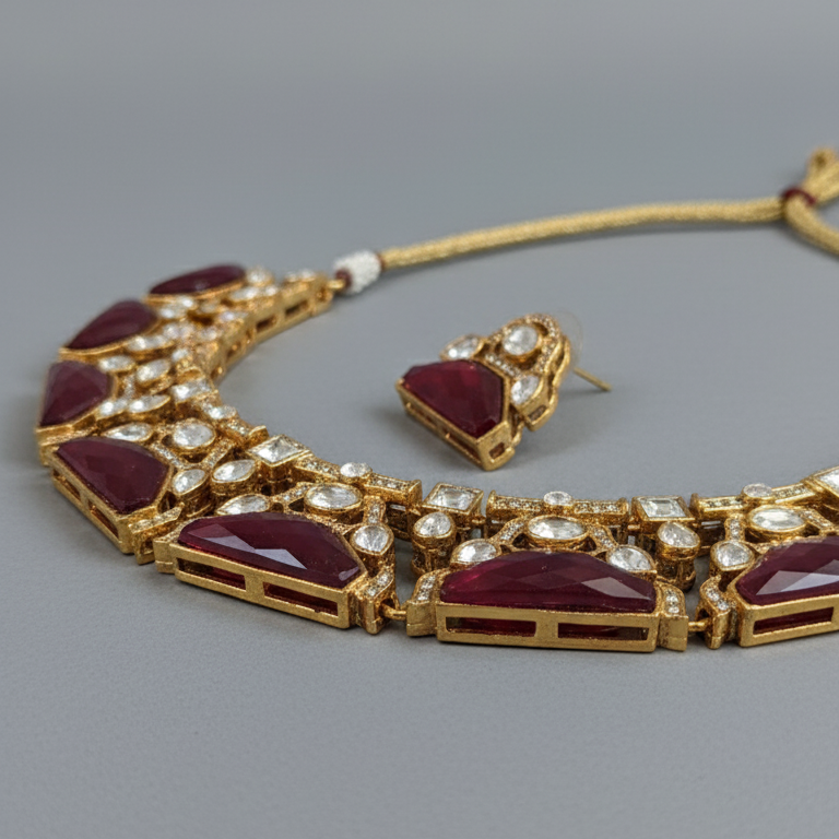 Maroon Kashvi Moissanite Polki Victorian Necklace Set