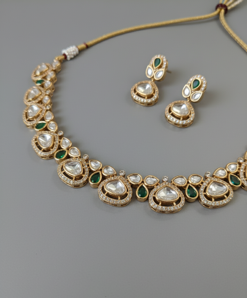 Emerald Mahira Moissanite Polki Necklace Set