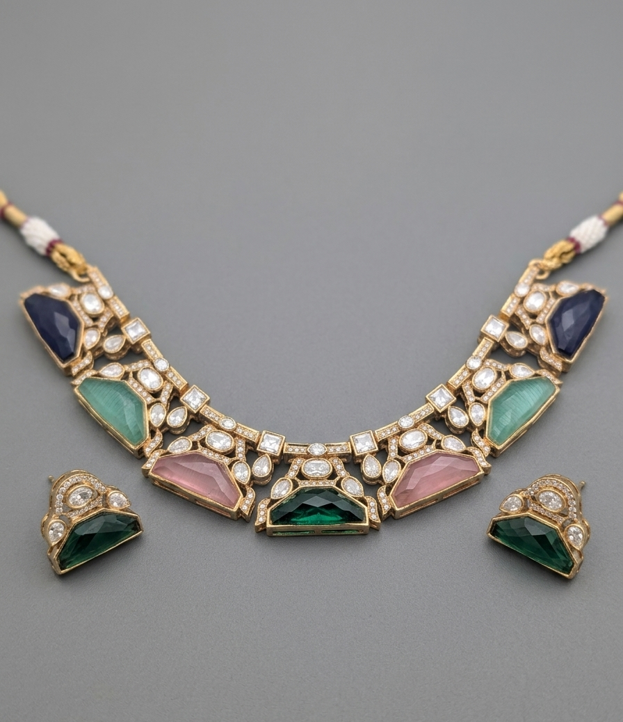 Multicolor Kashvi Moissanite Polki Victorian Necklace Set