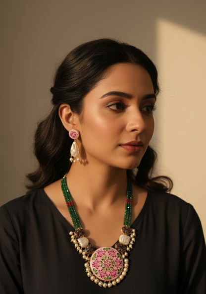 Pink Green Meenakshi Rajwadi Necklace Set