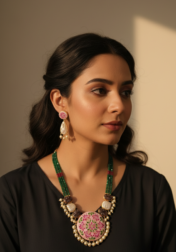 Pink Green Meenakshi Rajwadi Necklace Set