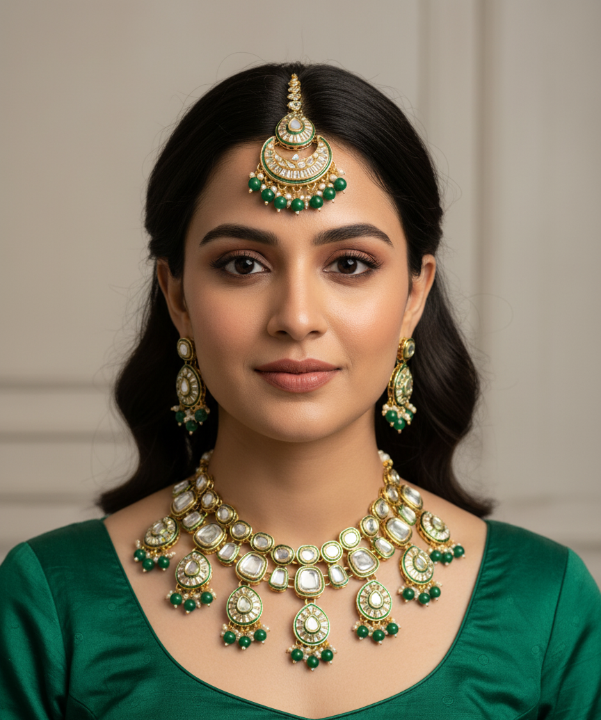 Green Naira Kundan Necklace Set