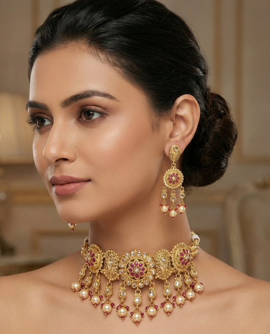 Golden Pink Tanvi Rajwadi Choker Set
