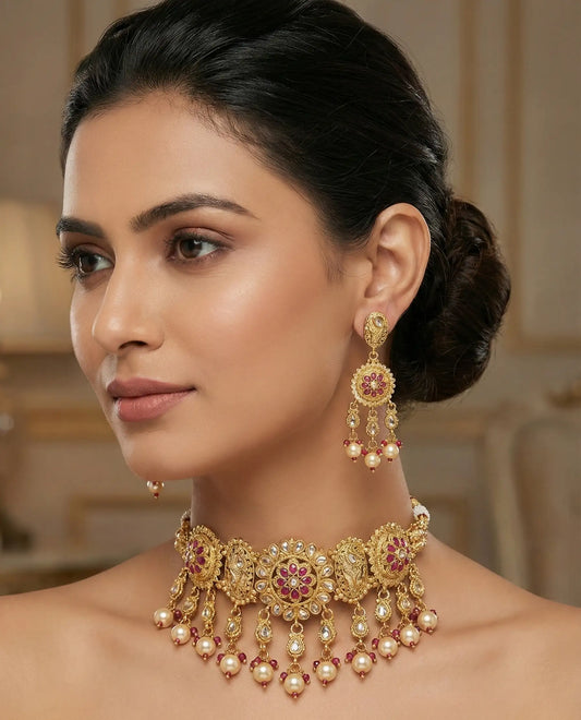 Golden Pink Tanvi Rajwadi Choker Set