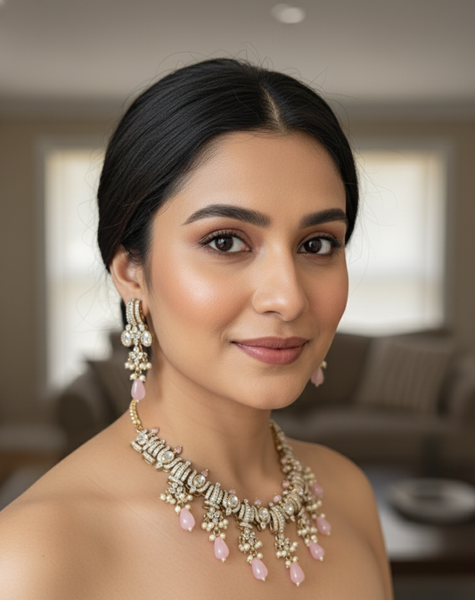 Baby Pink Ranjan American Diamond Set