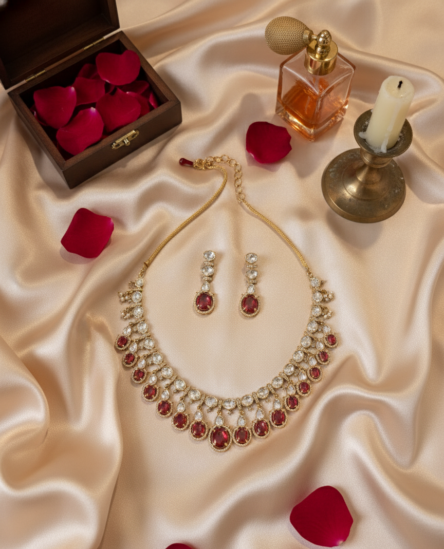 Rani Pink Misha Moissanite Polki Necklace Set