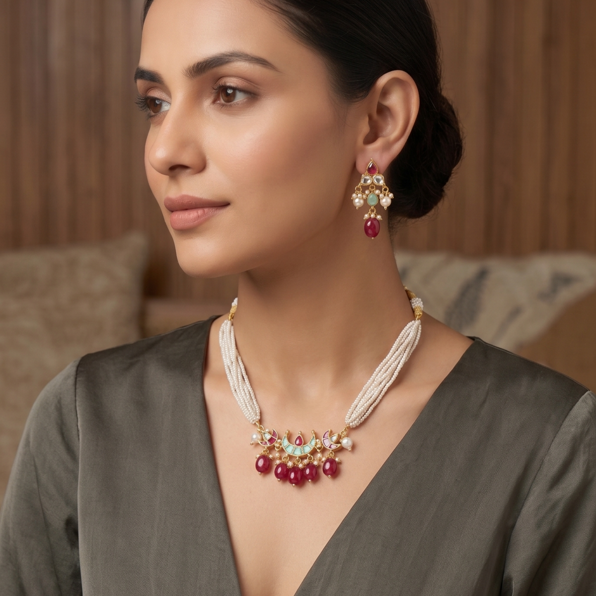 Pink Vedanshi Pachi Kundan Set
