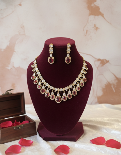 Rani Pink Misha Moissanite Polki Necklace Set
