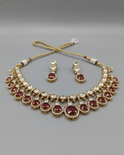 Rani Pink Misha Moissanite Polki Necklace Set