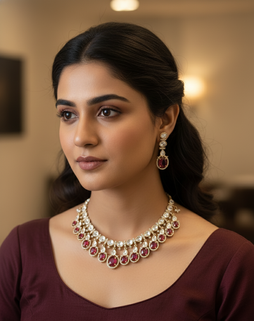 Rani Pink Misha Moissanite Polki Necklace Set